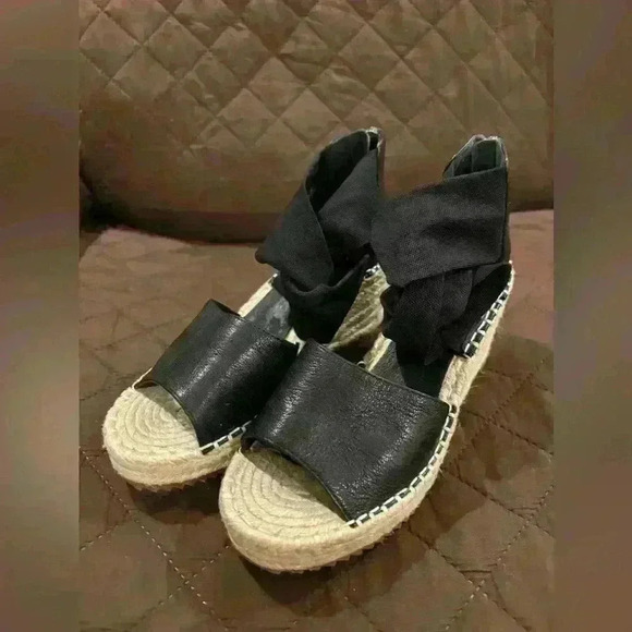 Eileen Fisher Shoes - Eileen Fisher Wiley Sandals Shoes 6 Black Leather Zip Up Wedge Knot Espadrille